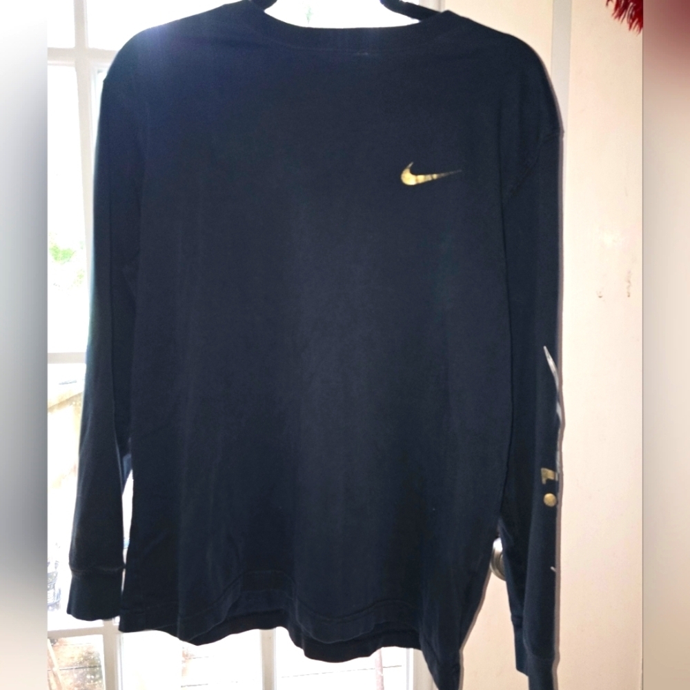 Nike Navy Long Sleeve Tee | Gold Metallic Logo | Men's Medium